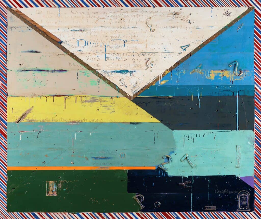 A mixed-media artwork titled Correspondencia by Rey Alfonso features a stylized envelope motif layered with distressed textures, handwritten script, and vibrant geometric shapes. The piece is composed of bold color blocks in teal, navy, yellow, and green, intersected by a triangular form resembling an envelope flap. The background includes subtle text, abstract marks, and embedded found materials. A border of diagonal red, white, and blue stripes frames the artwork