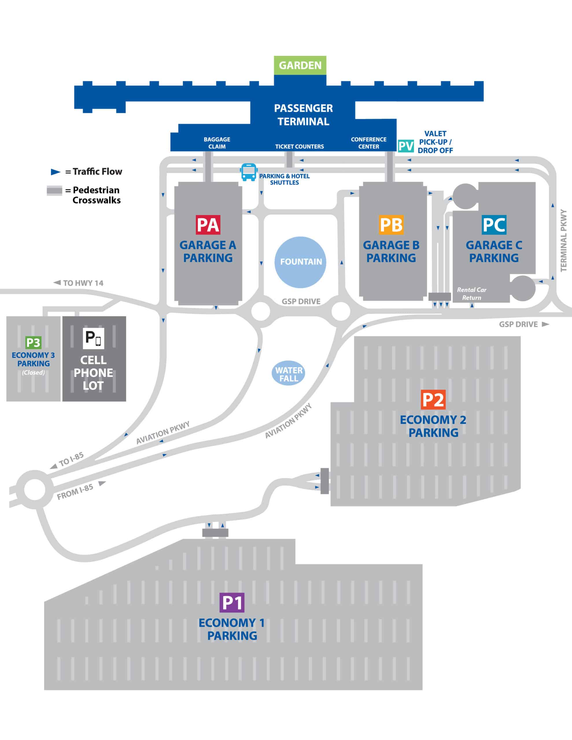 GSP Parking Map displaying roadways to Parking Garages A, B, and C, and Economy Lots P1 and P2.