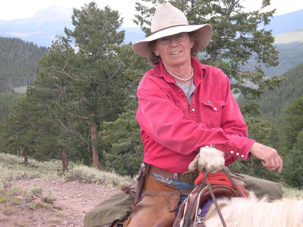Polly Oberosler on horseback near Baldy Peak in Gunnison, Colorado.
