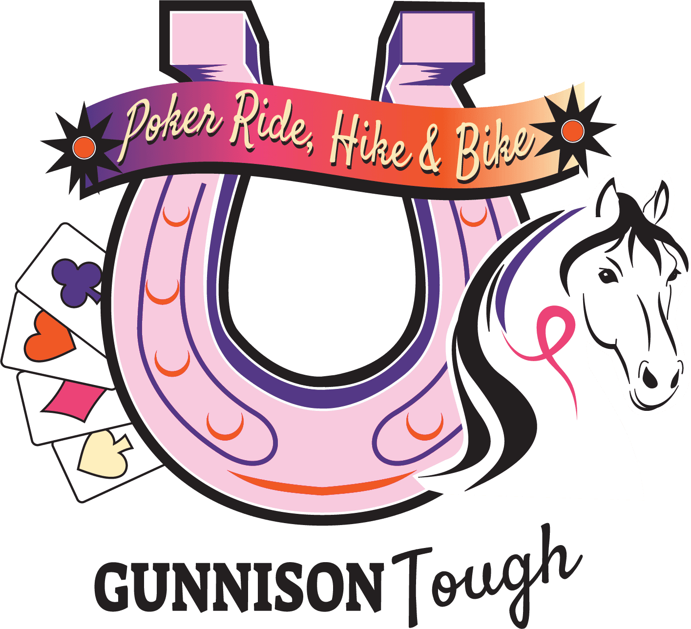 GT Poker Ride Hike and Bike Logo GT Poker Ride, Hike, and Bike logo featuring poker cards in Gunnison Tough colors, a horse shoe, and banner with the event name.