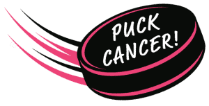 A hockey puck flies across the ice saying "Puck Cancer"!