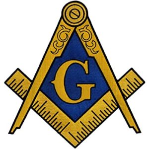 The golden compass and square against a blue background with a "G" form the Masons' Logo.