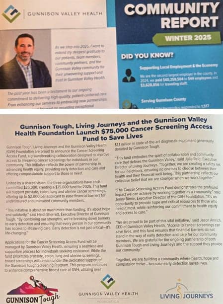 The report title Community Report, Winter 2025 and a screen shot of the Cancer Access Screening Fund story.