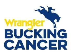Wrangler Bucking Cancer logo in yellow and navy blue with bucking bronc and rider.