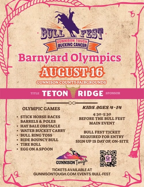 Poster for the Bull Fest Barnyard Olympics on parchment with pink western decorations and text about the event that is posted on this page.