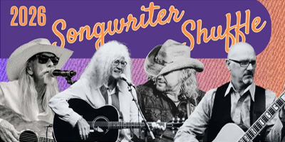 GT April Newsletter thumbnail shows Songwriter Shuffle performers Dillon, Lee, Smith, and Montana.