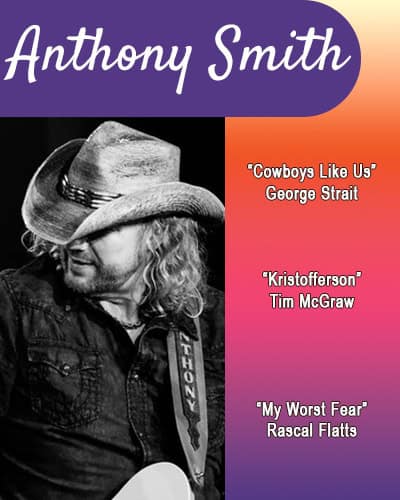 Anthony Smith wearing a cowboy hat, wearing a black shirt, and his guitar strap with the name, "Anthony". 