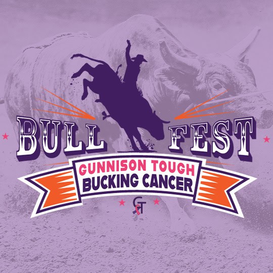 Bull Fest Logo featuring a bull rider and says Gunnison Tough Bucking Cancer; leads to Bull Fest page.