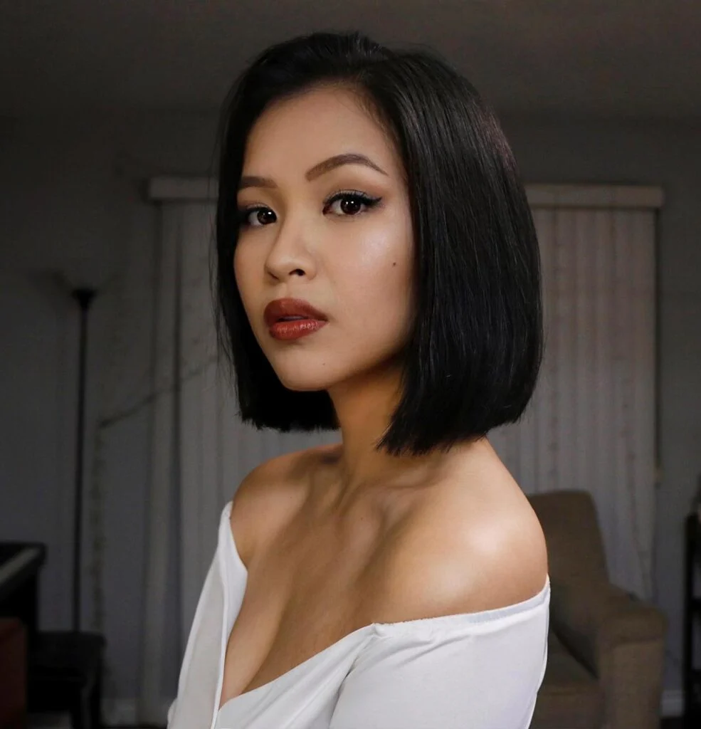 Blunt-cut classic long bob with sharp lines