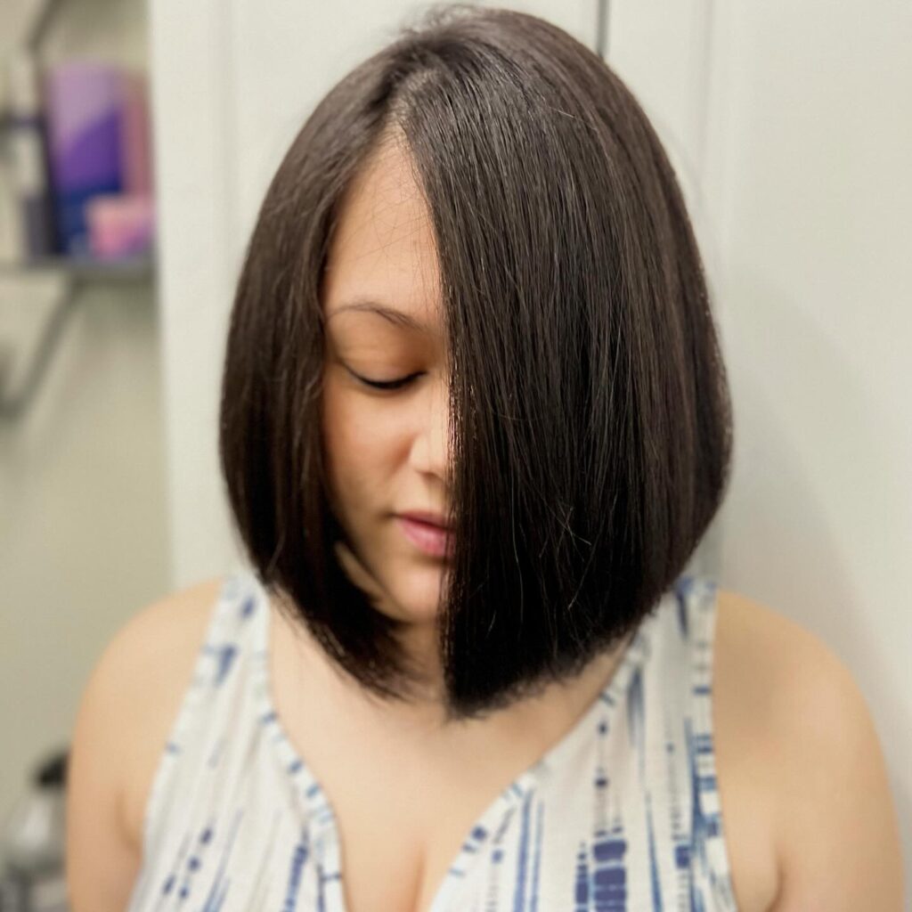 Dramatic A-line long bob with shorter back and dramatic front length