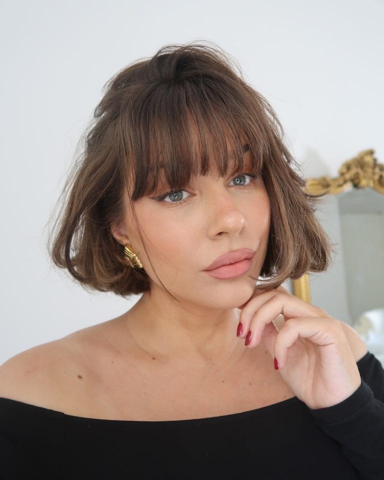 Soft Textured Short Bob Hairstyle with Full Fringe
