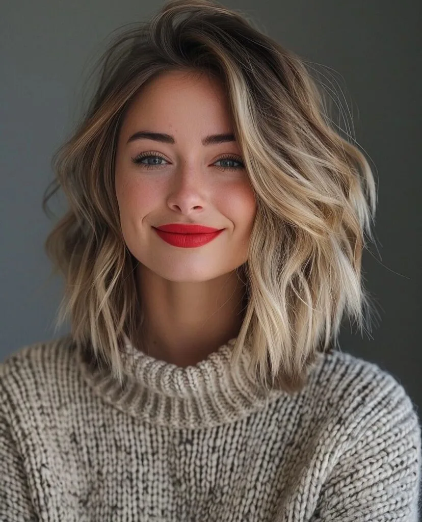 Tousled long bob with blonde balayage and beachy waves