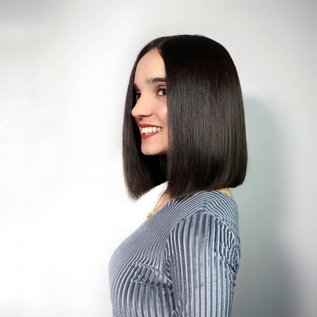 Ultra sleek long bob with mirror-finish straight blunt edges