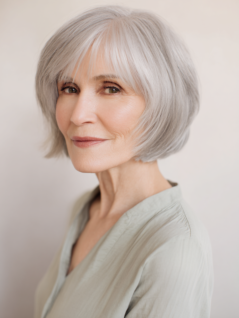 Chin length bob with soft layers for fine hair over 60