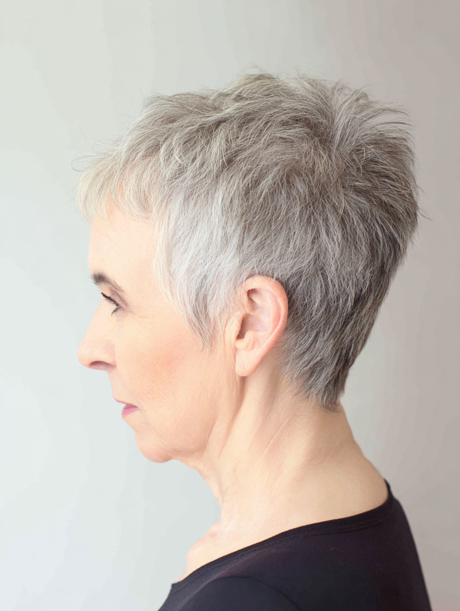 Classic pixie haircut with soft tapering on a woman over 60