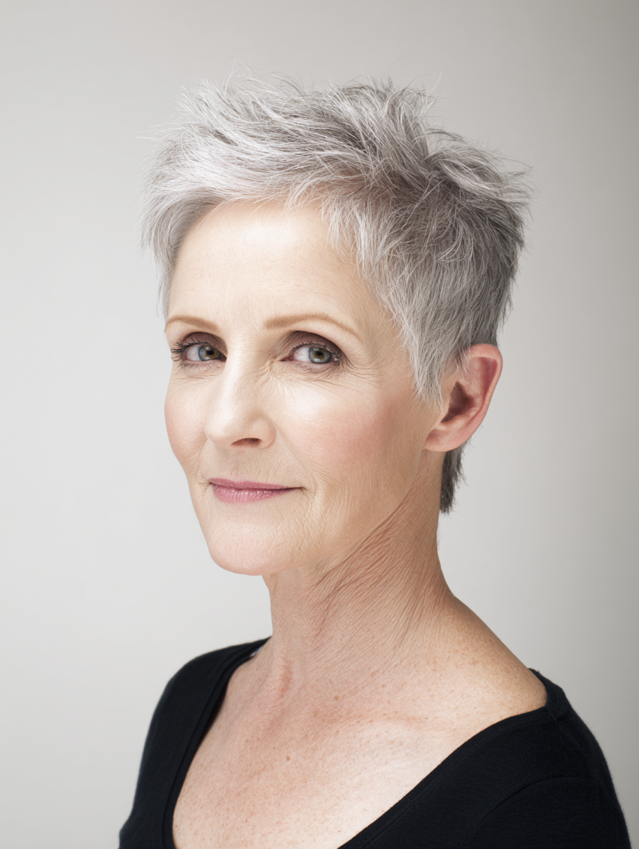 Cropped haircut with crown lift on a woman over 60 with fine hair