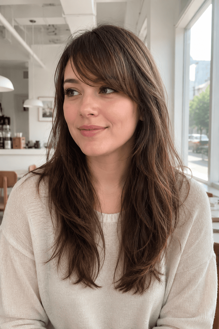 Long Layered Cut with Side-Swept Bangs