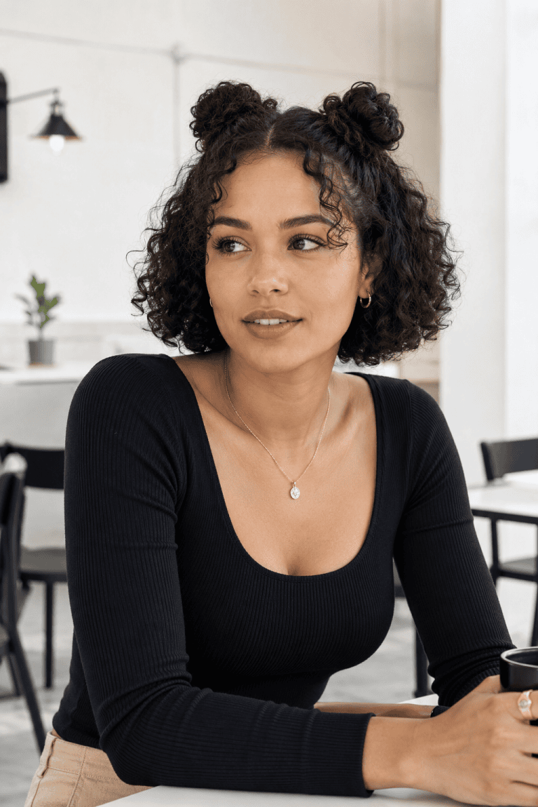 Half-Up Space Buns on Short Curly Hair