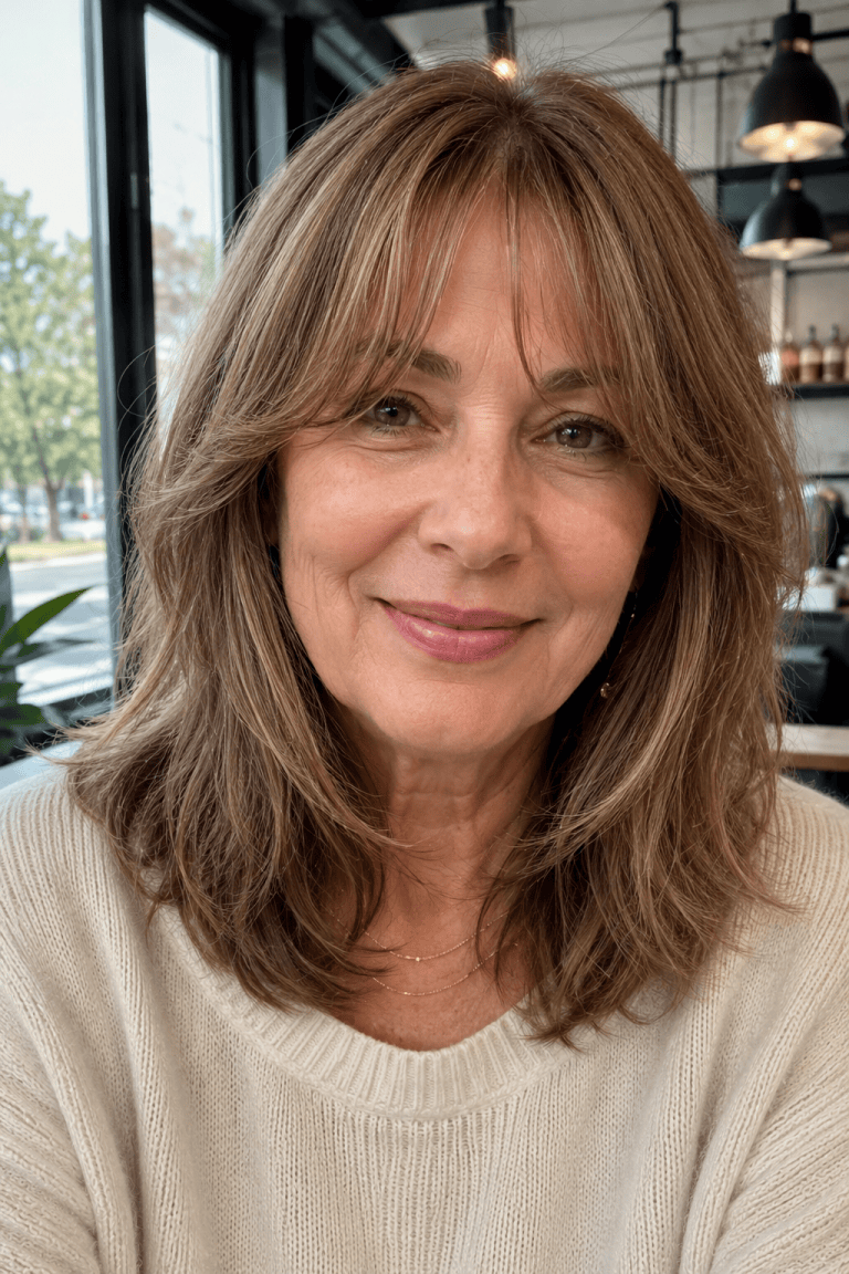 Wispy Curtain Bangs with Shoulder Length