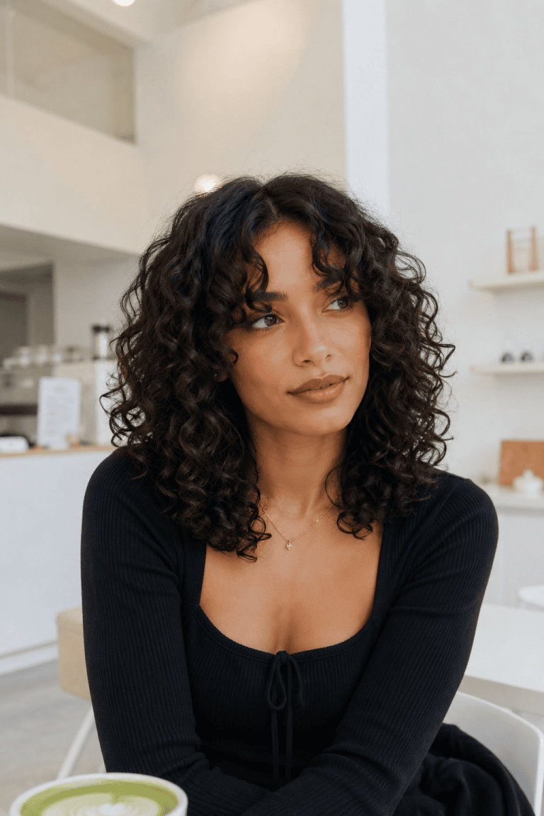 Curly Hair with Curtain Bangs