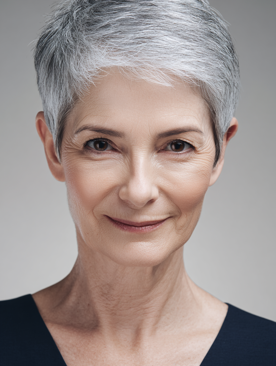 Neat cropped haircut with soft edges on a woman over 60