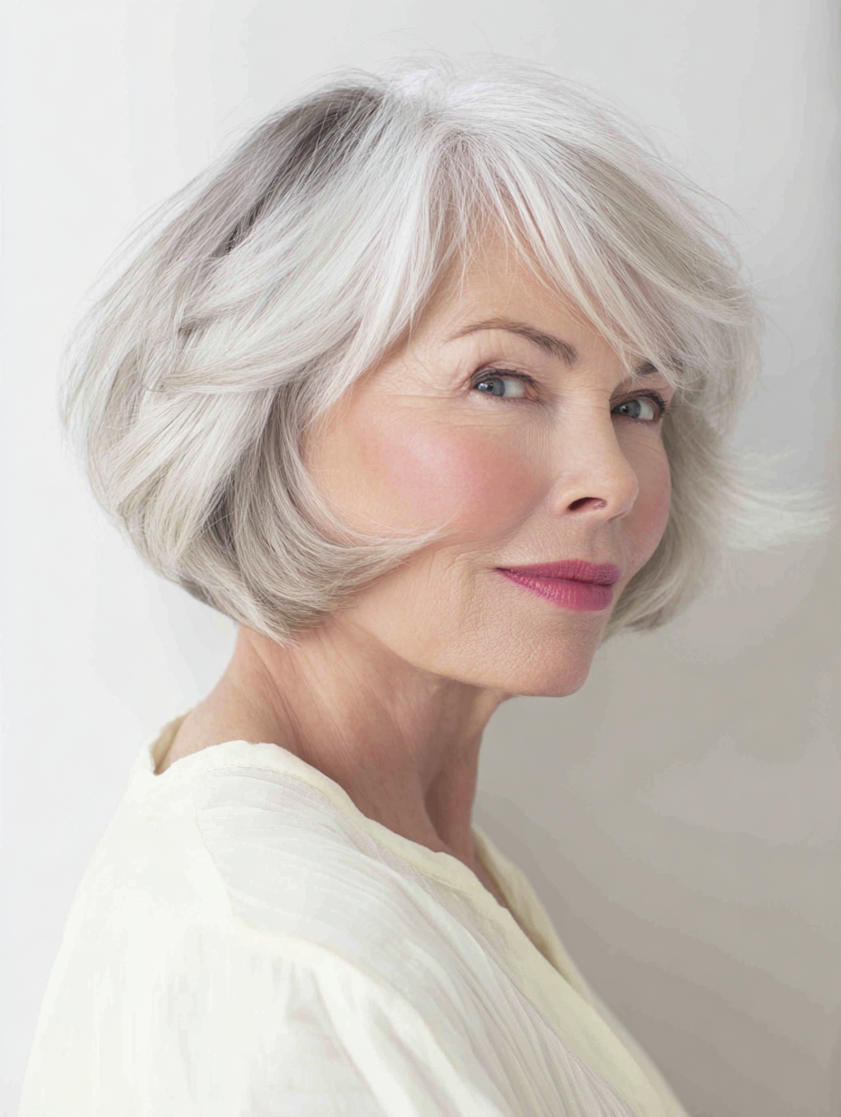 Rounded short bob hairstyle on a woman over 60 with fine hair