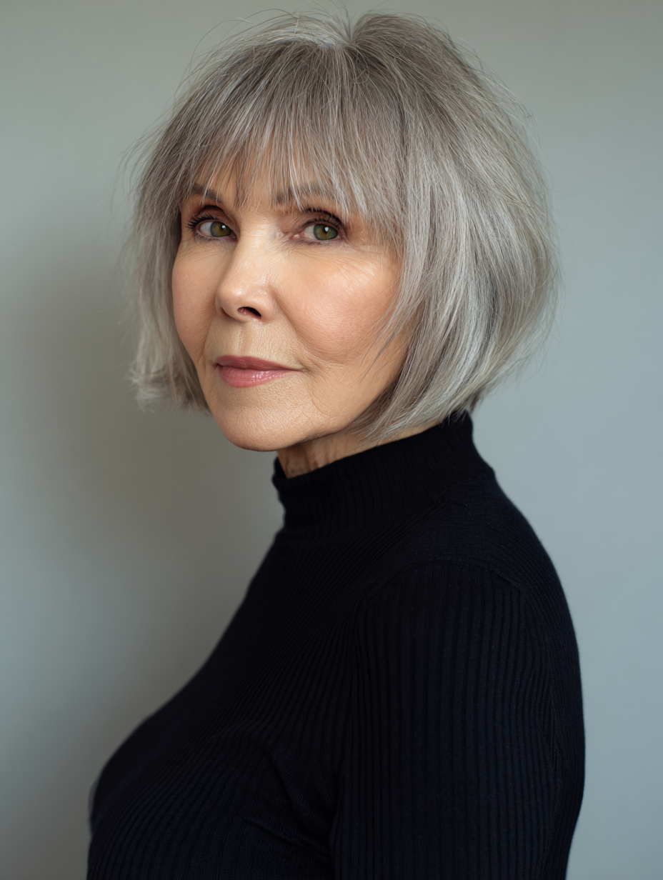 Short bob with wispy bangs on a woman over 60 with fine hair
