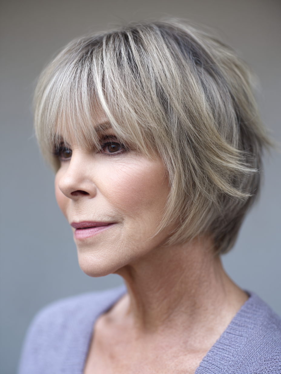 Short layered haircut with side bangs on a woman over 60