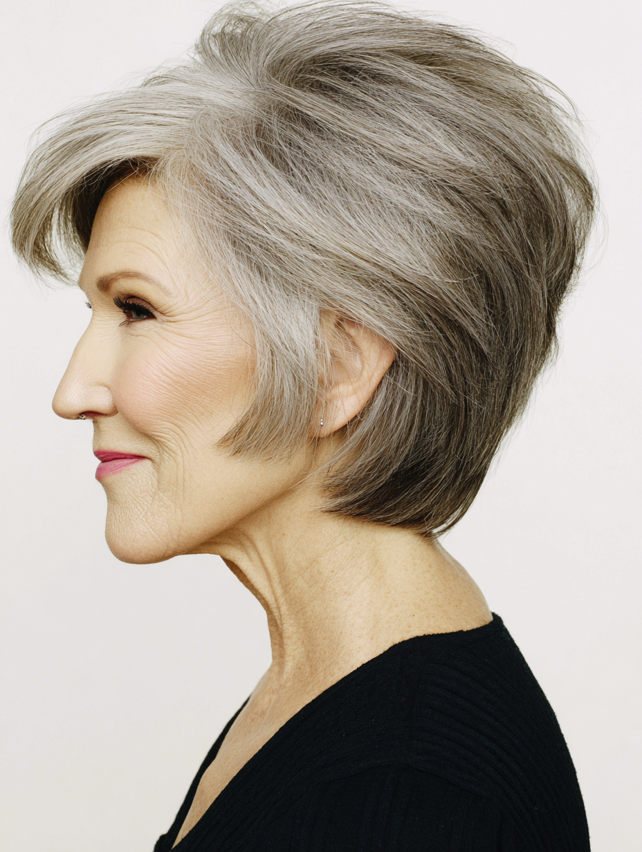 Short stacked bob hairstyle for fine hair on a woman over 60