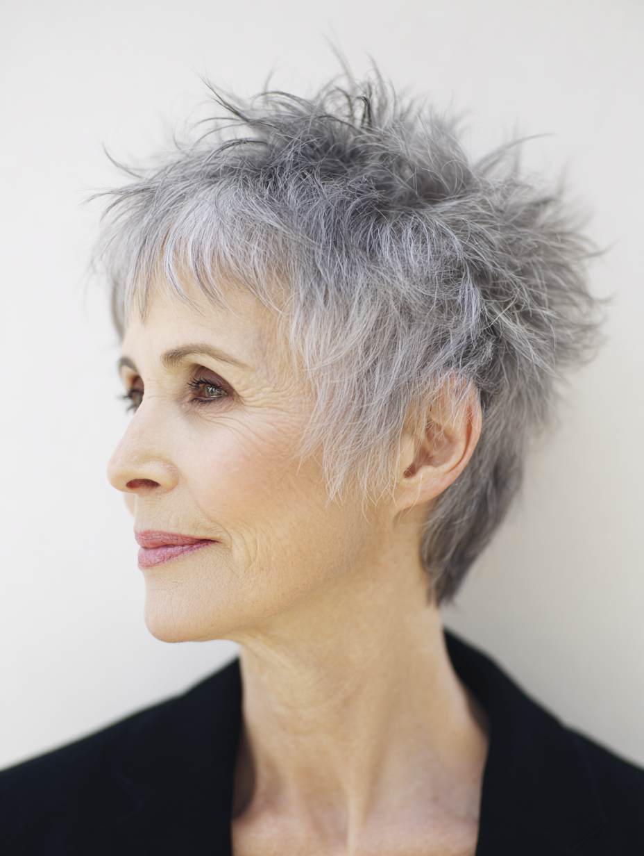 Short tousled pixie cut on a woman over 60 with fine hair