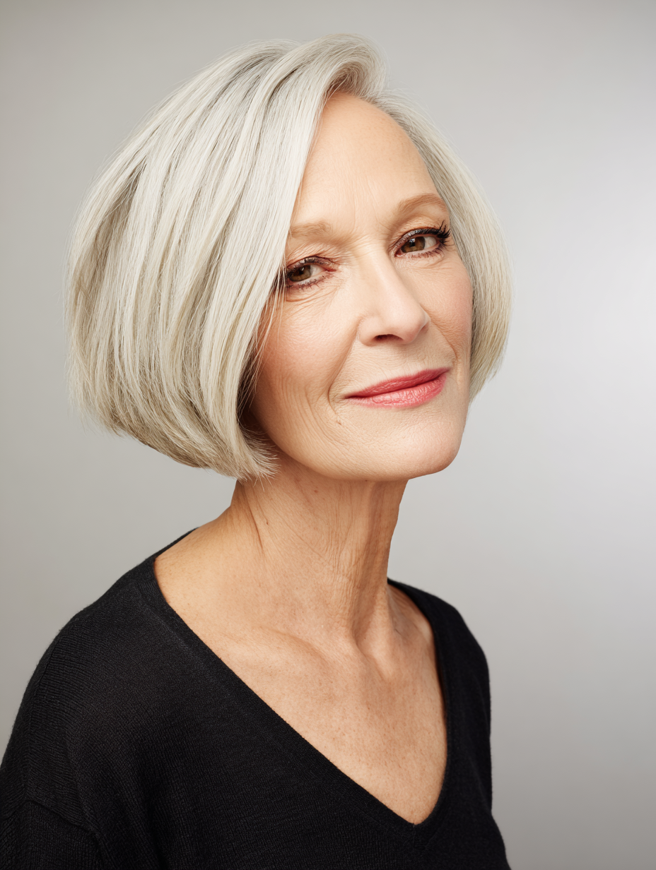 Soft short bob with a side part on a woman over 60