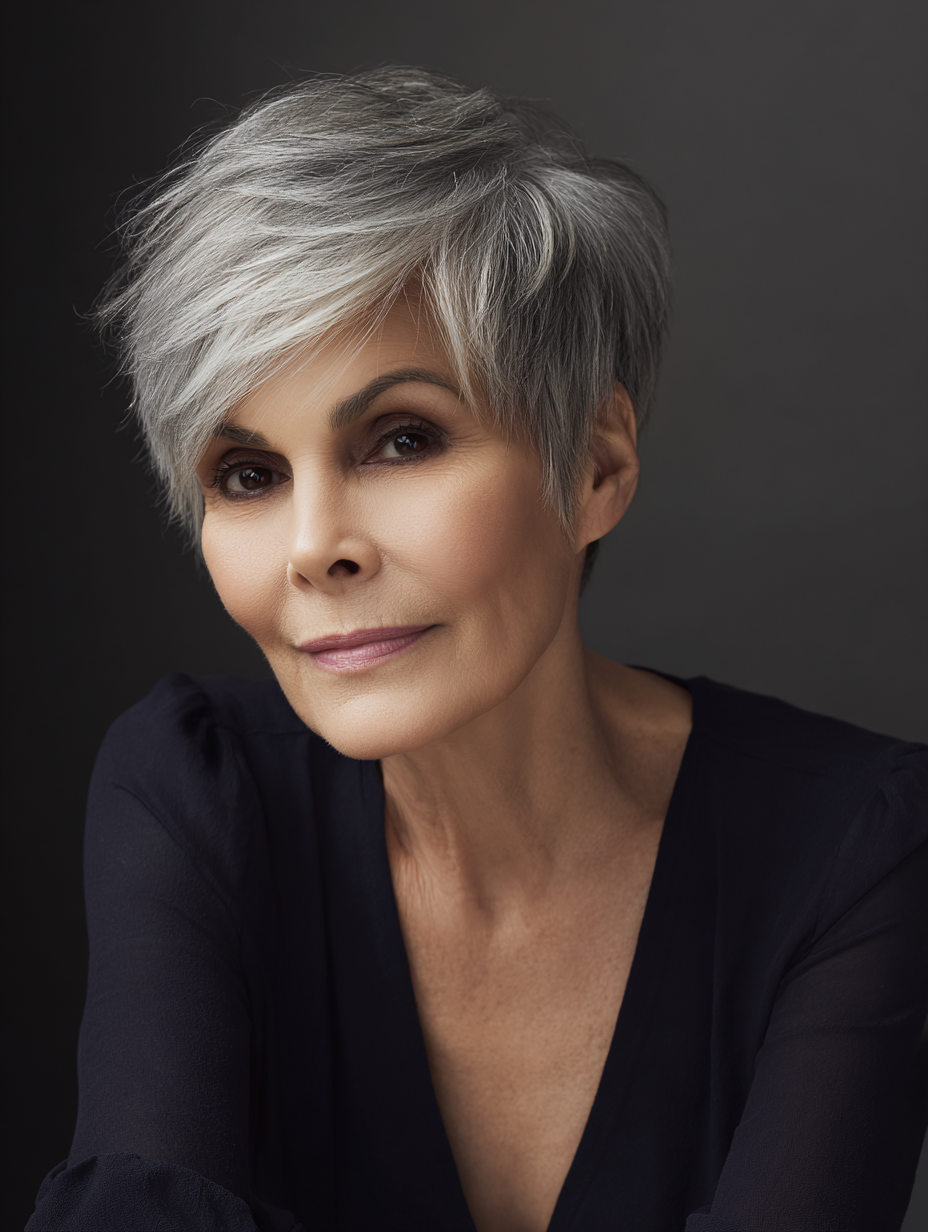 Textured pixie cut with side-swept bangs on a woman over 60