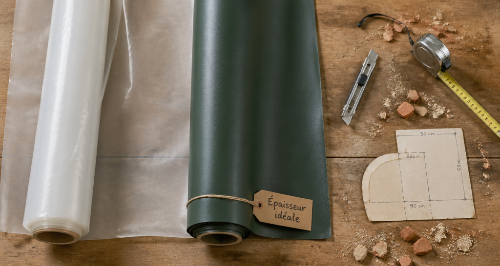 Rouleau bache polyéthylène et PVC côte à côte sur table