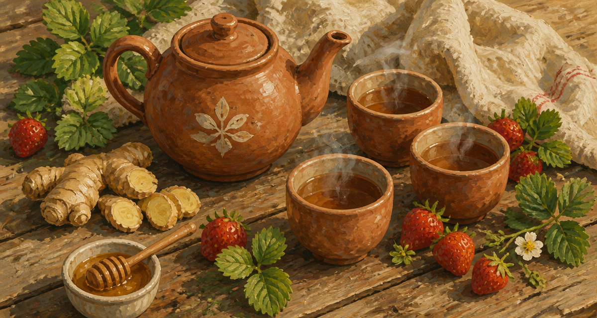 Bienfait fraise thé tisane sur table rustique