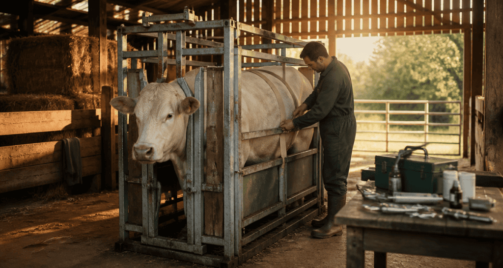 Cage de contention pour bovin immobilisant une vache charolaise