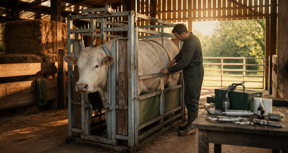 Cage de contention pour bovin immobilisant une vache charolaise