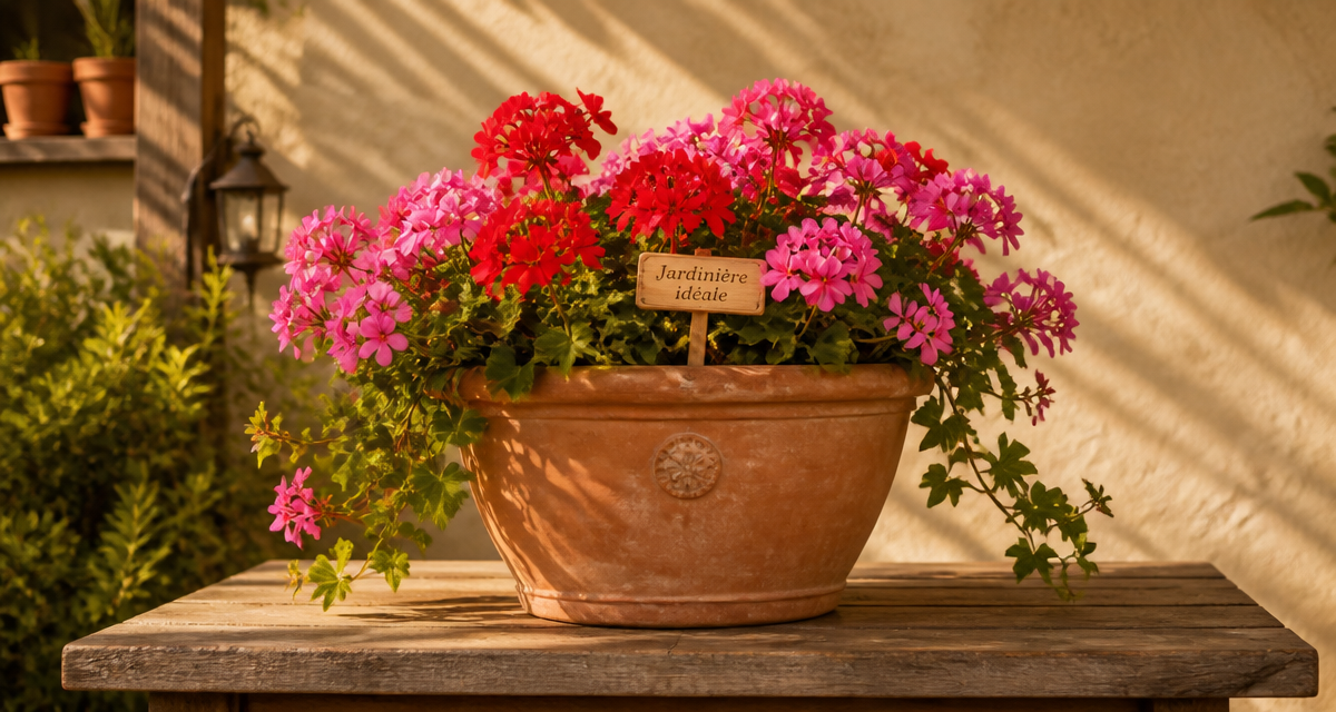 combien de géranium dans une jardinière de 50 cm, trois plants en fleurs