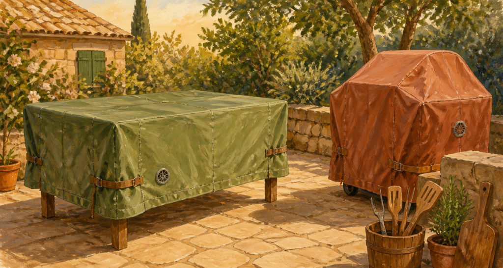 housse de protection sur table et barbecue au jardin