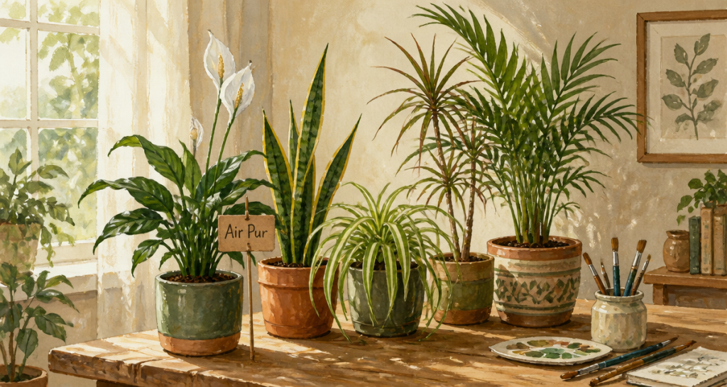 plantes d'interieur depolluante sur table en salon