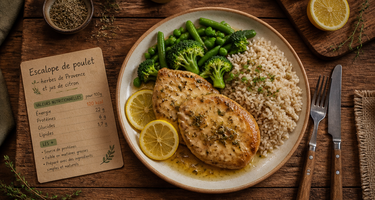 proteines escalope de poulet dorée légumes riz