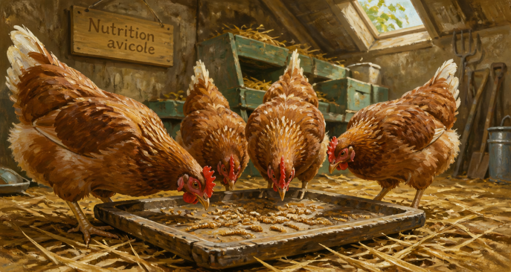 Poules rousses mangeant vers de farine pour poules