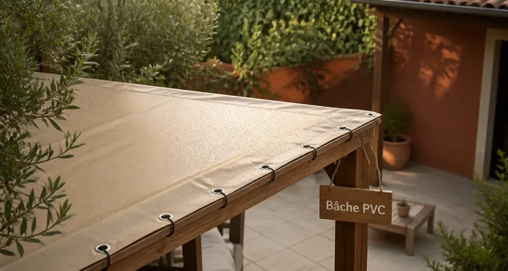 Bache pour pergola PVC beige bien tendue, gouttes sans poches d’eau