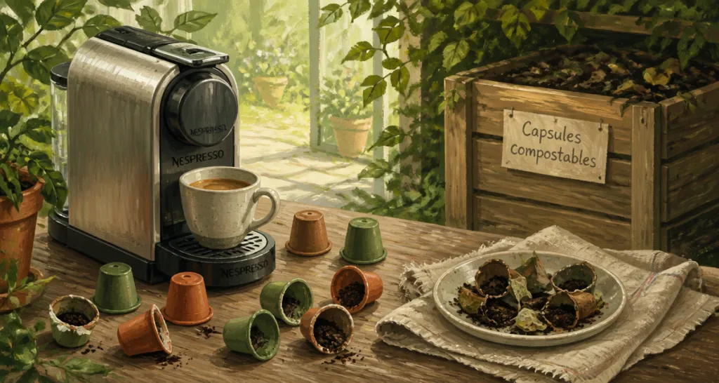 Capsule Nespresso compostable avis sur table avec machine et compost