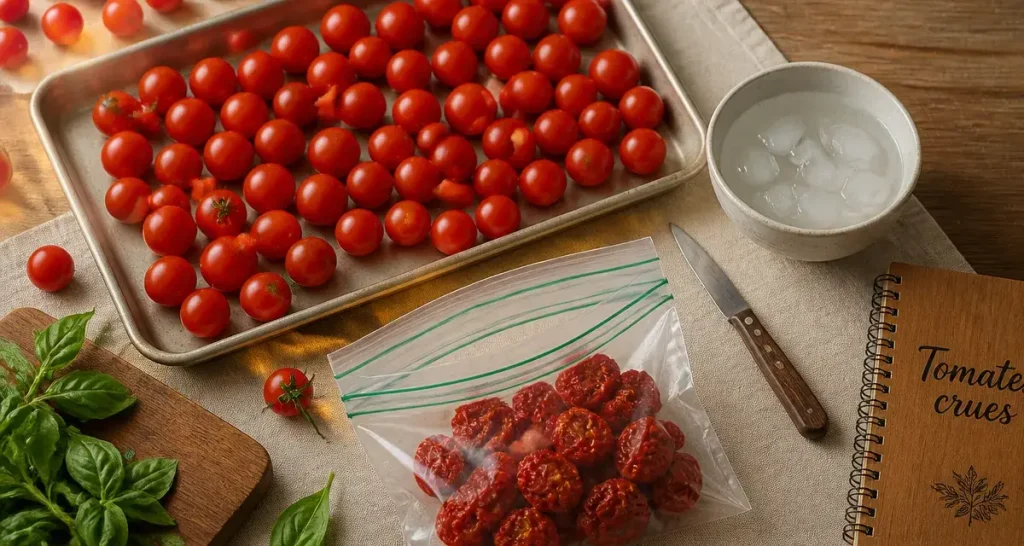 Congélation tomate crue : tomates cerises crues prêtes à congeler dans un sac