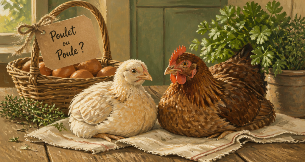 difference poulet poule sur table en bois