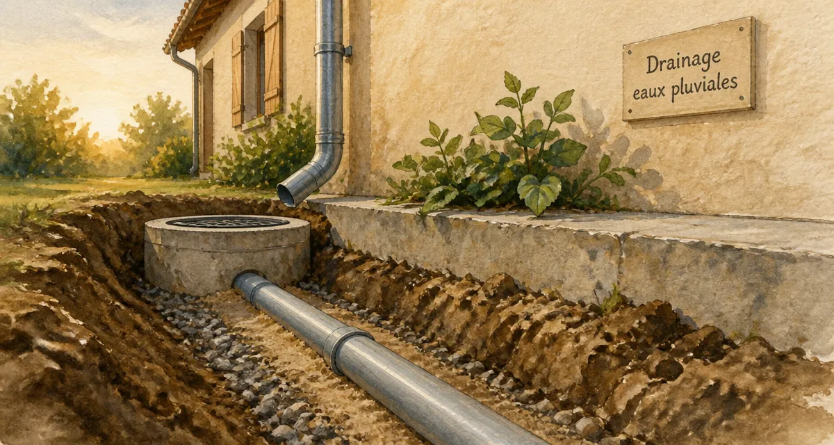 Tranchée drainage eau de pluie gouttière le long d’une fondation en béton