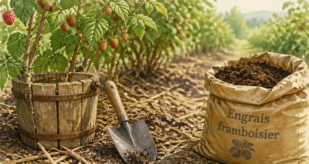 Engrais framboisier, seau et pelle au pied de framboisiers pour un bon dosage