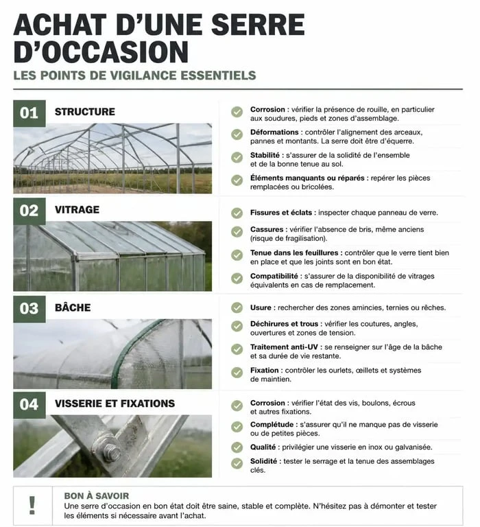 Infographie des points de contrôle pour l'achat d'une serre occasion à vendre particulier