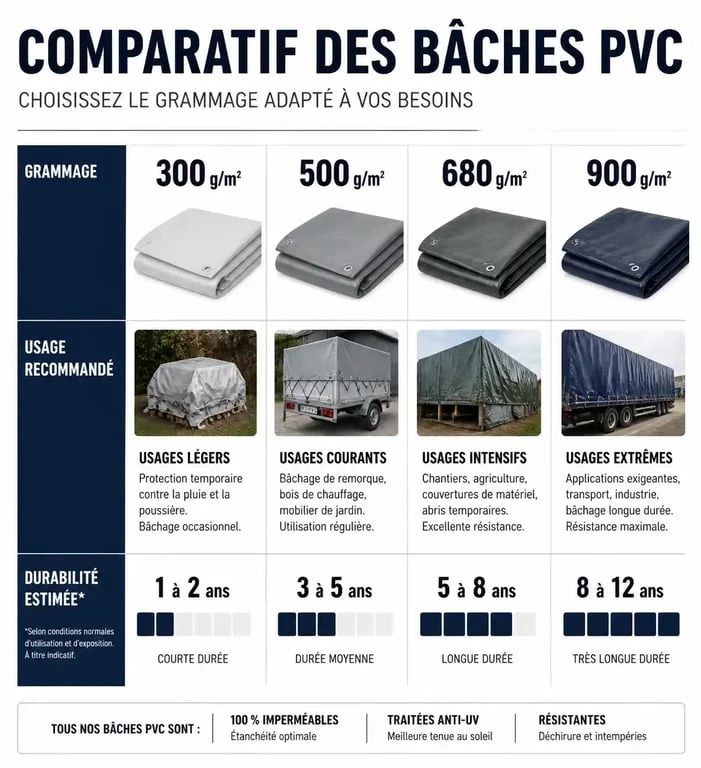 Tableau comparatif des grammages et usages pour le choix d'une bâche sur mesure