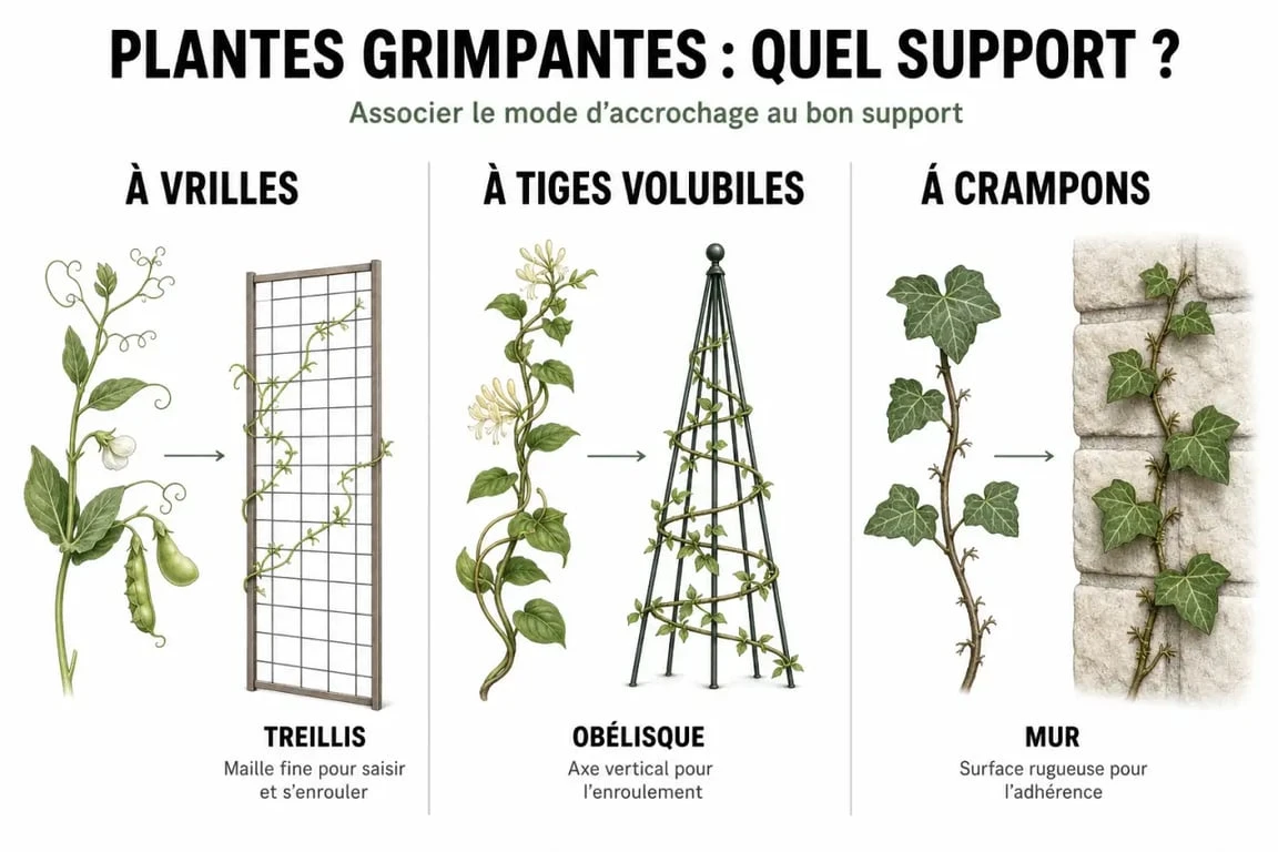 Infographie des différents types de supports pour plantes grimpantes adaptés selon la physiologie végétale